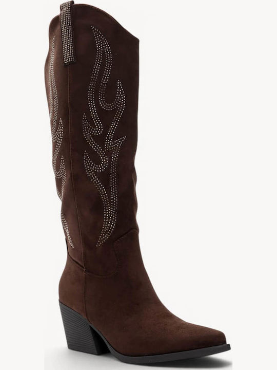 Brown Western Boots with Rhinestones Slanted Heel