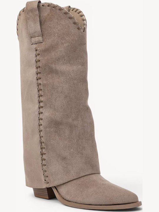 Beige Western Boots Decorative Stitching
