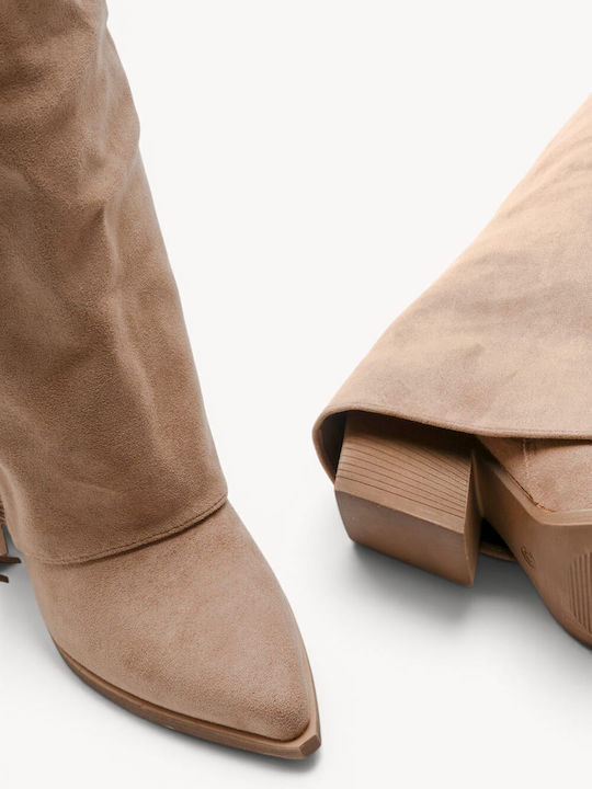 Beige Cowboy Boots Suede Fringes High Heel