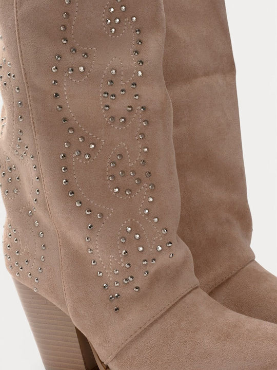 Beige Western Boots Suede Texture Metal Studs