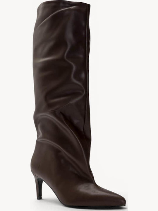 Braune Slouch Damenstiefel Kitten Heel