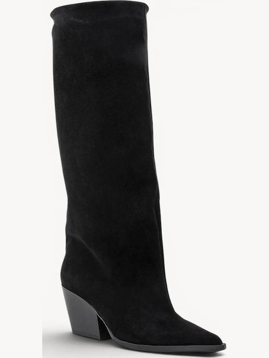 Schwarze Damenstiefel Mit Spitz Zehen Und Dickem Absatz