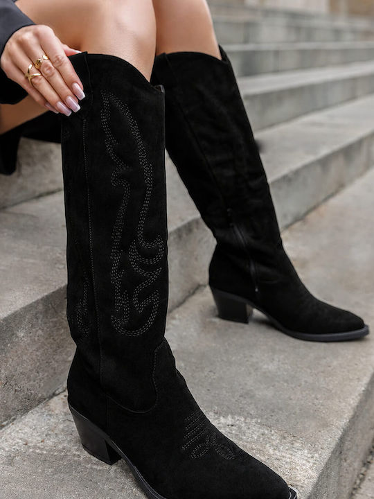 Black Western Suede Boots Decorative Stitching