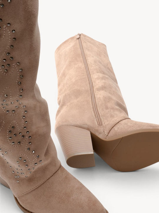 Beige Western Boots Suede Texture Metal Studs