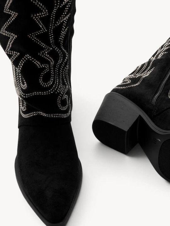Black Western Suede Boots with Strass Low Heel