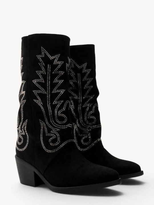 Black Western Suede Boots with Strass Low Heel