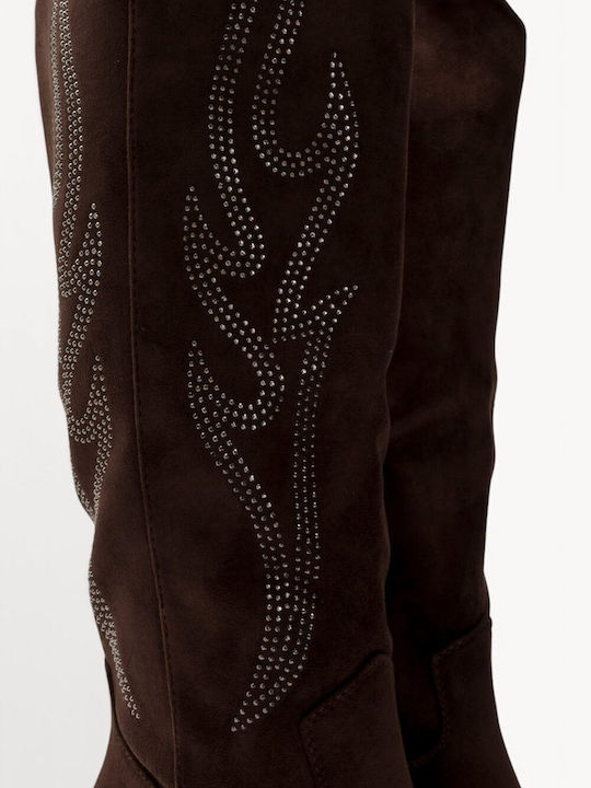 Brown Western Boots with Rhinestones Slanted Heel