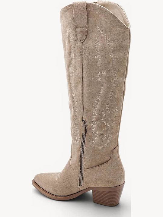 Beige Western Boots Suede Decorative Stitching
