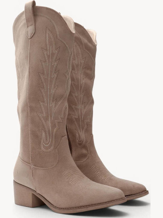 Beige Western Boots Suede Decorative Stitching