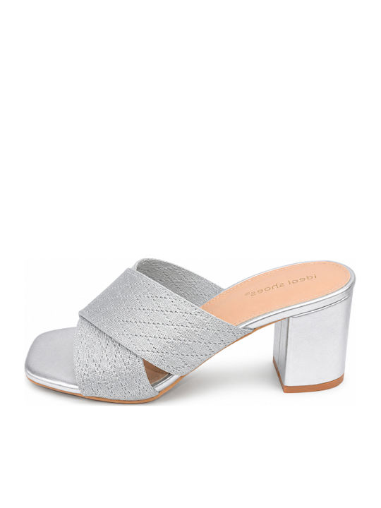 Damen Pantoletten mit Chunky Hoch Absatz in Silber Farbe