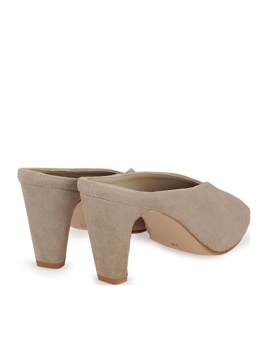 Suede Mules With High Heel In Beige Colour