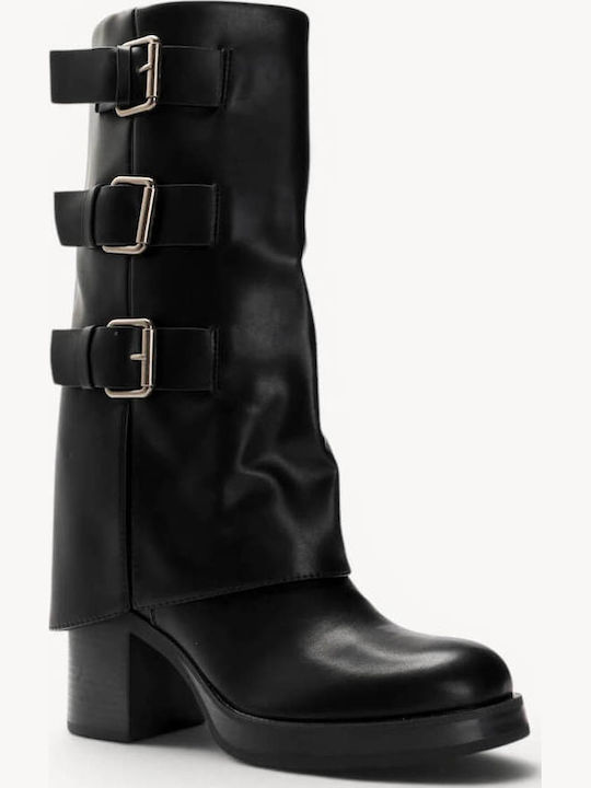 Μαύρες Mid Calf Μπότες Τριπλές Αγκράφες