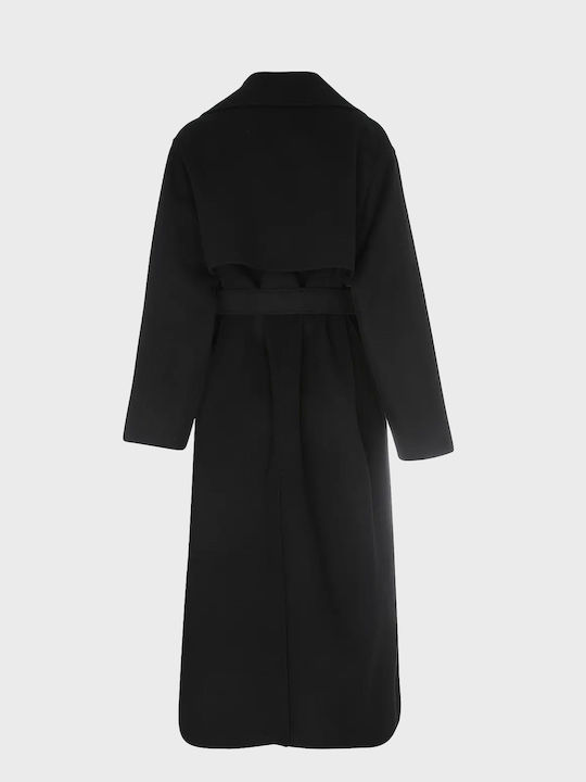 Wool Women's Coat Black with Belt