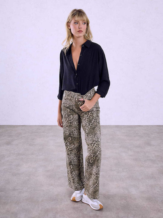 Celestino Γυναικείο Τζιν Wide-leg Λεοπάρ Loose Fit Καφέ
