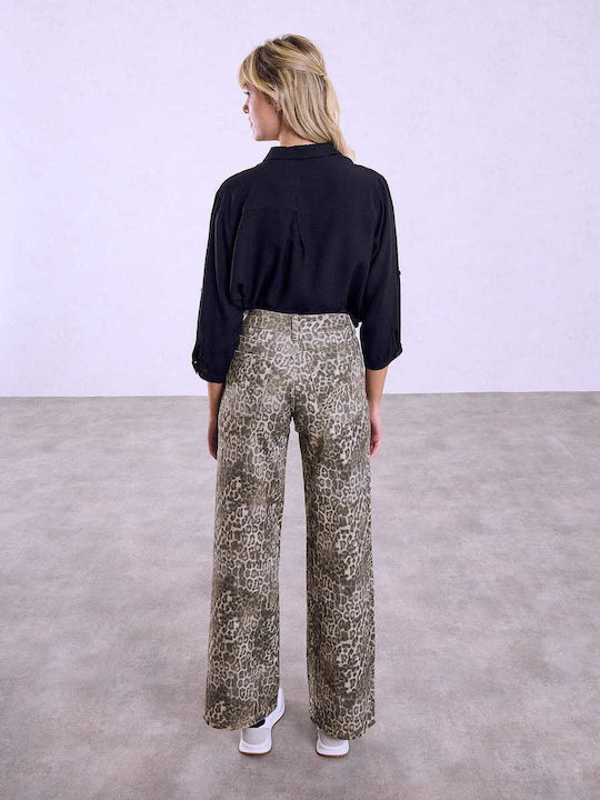 Celestino Γυναικείο Τζιν Wide-leg Λεοπάρ Loose Fit Καφέ