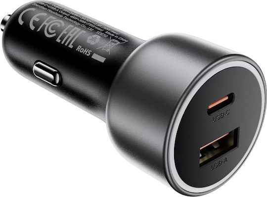 Acefast Автомобилен Зарядно Устройство 75W 3A Бързо Зареждане с Портове 1xUSB 1xType-C с Type-C Кабел Сив Цвят