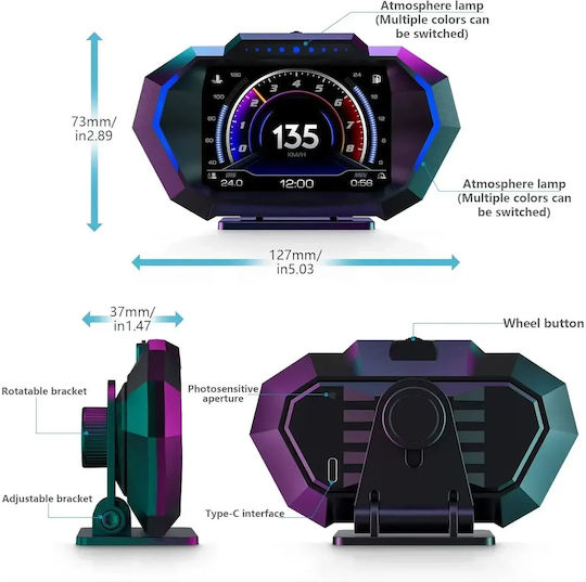 Digital OBD2 Instrument, Head Up Display, RPM Counter and Inclinometer for Car Dashboard Mount