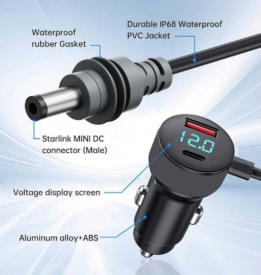 Starlink Mini Car Cigarette Lighter Power Adapter 5m 12v/24v Dc Usb-c Pd 35w Usb-a 30w Digital Voltage Display Cable 2m 12-8710