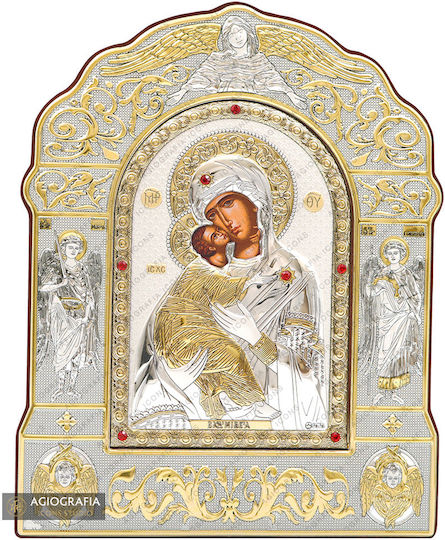 Heilige Maria von Wladimir Echte Silber Ikone mit Siebdruck Holz 20 x 25 cm 7,9 x 9,8 in