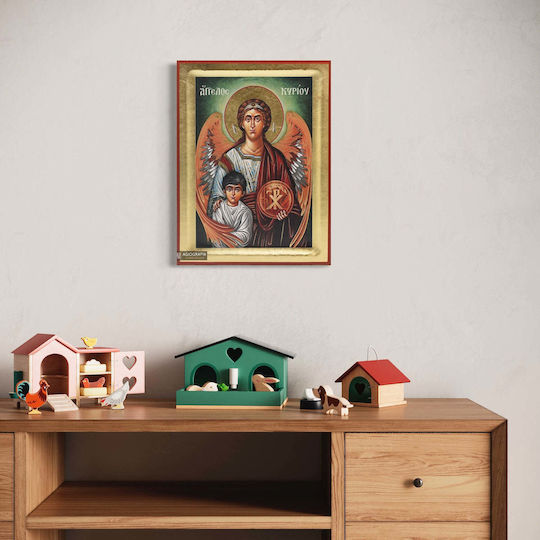 Guardian Angel Icon Traditional Silk Screen Printing Wood Handmade Background 18k Gold Leaf 25 X 33 Cm 9.8 X 13.0 In