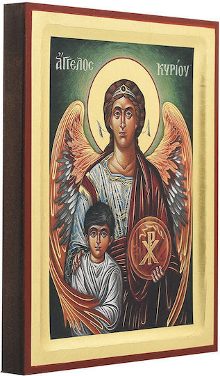 Guardian Angel Icon Traditional Silk Screen Printing Wood Handmade Background 18k Gold Leaf 25 X 33 Cm 9.8 X 13.0 In