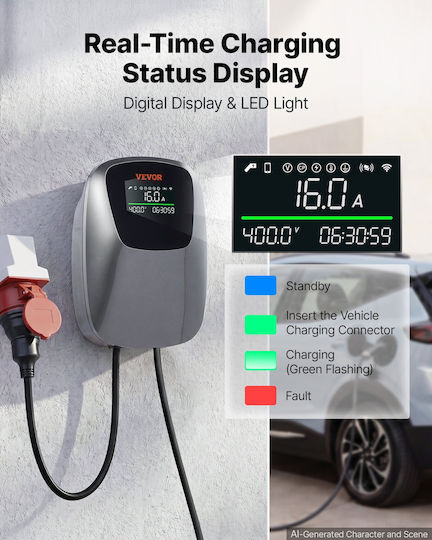 Vevor Επιτοίχιος Τριφασικός Φορτιστής 11kW με Ενσωματωμένο Καλώδιο 7.5m Type 2 (OZSXJLD11KWCFC12A001V8)