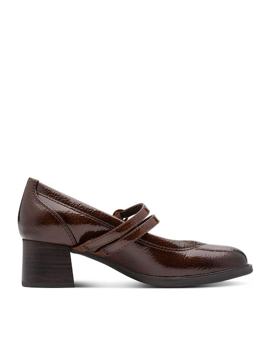 Heels from Patent Leather with Strap Brown