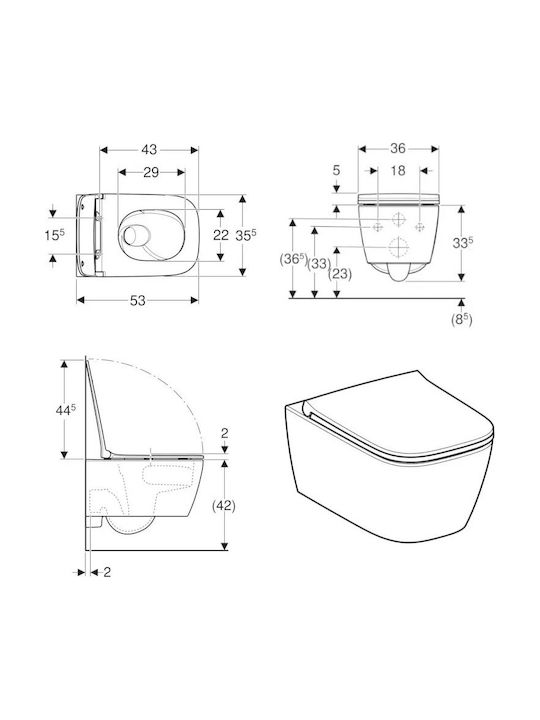 Geberit Smyle Square Wandhängende Toilette mit Schlanke Abdeckung Duroplast Sanftes Schließen Weiße Geberit Smyle Square Wandhängende Toilette mit Schlanke Abdeckung Duroplast Sanftes Schließen Weiße