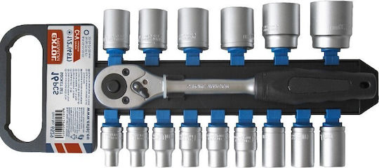 Set Chei Cu Clichet 1/2" Extol Premium Capete Tubulare 16 Bucăți