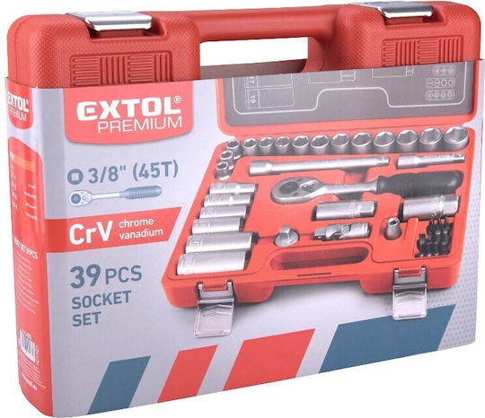 Set Profesional Extol Premium 39 Piese Chei Tubulare Biți 3/8" Șurubelniță cu Clichet