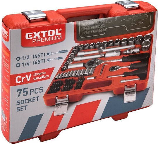 Extol Set de chei tubulare și clichet 1\4" & 1\2" & 3\8" 75buc