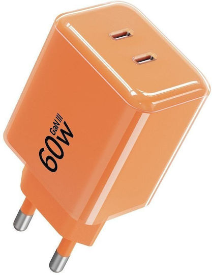 Forcell Încărcător GaN cu 2 Porturi USB-C și Cablu USB-C - USB-C 60W Power Delivery / Quick Charge 4.0 Portocaliu (F-Energy)