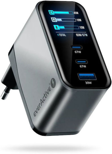 EverActive GaN Charger Without Cable with USB-A Port and 2 USB-C Ports 67W Power Delivery Grey (SC-670Q)