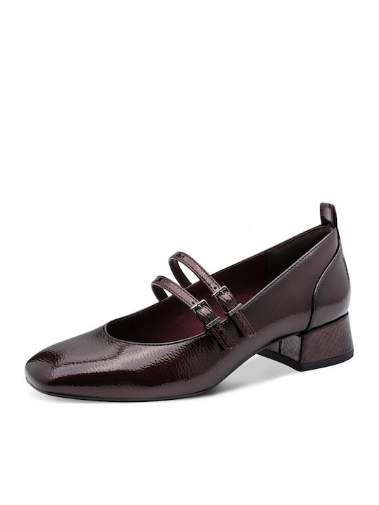 Spitze Pumps aus Lackleder mit Riemen & Niedrigem Absatz Braune