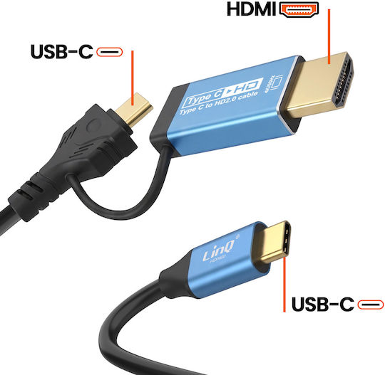 Linq Usb-C Към HDMI Видео Адаптер Кабел 4K 60Hz 1.8м Екраниран Черен