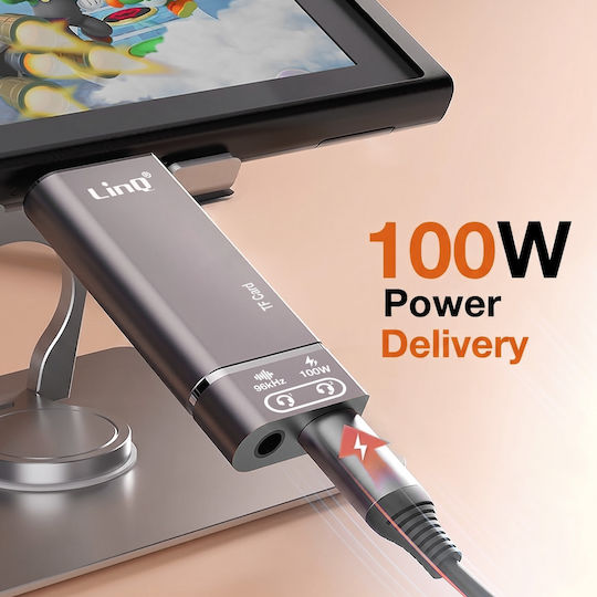 Linq Mini Hub Usb-c To Audio Jack 3.5mm Micro Sd Usb-c 100w Grey