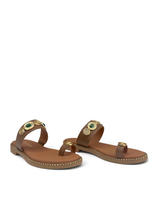 Leather Women's Flat Sandals Tabac Brown