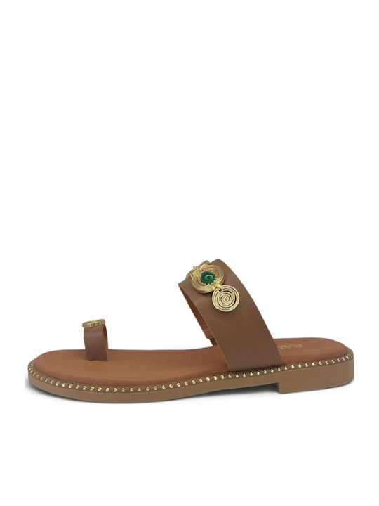 Leather Women's Flat Sandals Tabac Brown