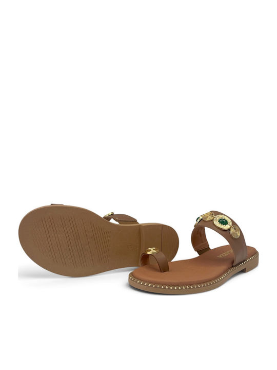 Leather Women's Flat Sandals Tabac Brown