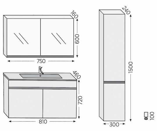 Furnibath Toledo 80 Баня Маса Без Смесител с Огледало М81xД72xВ46см Орех