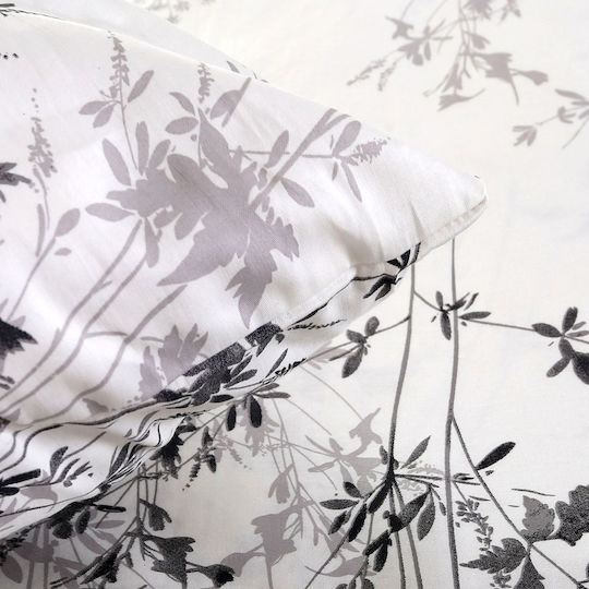 Darymex Set Husă de Pilotă din Bumbac cu Model Floral 180x200cm pentru Pat de o Persoană și Jumătate cu Față de Pernă Gri