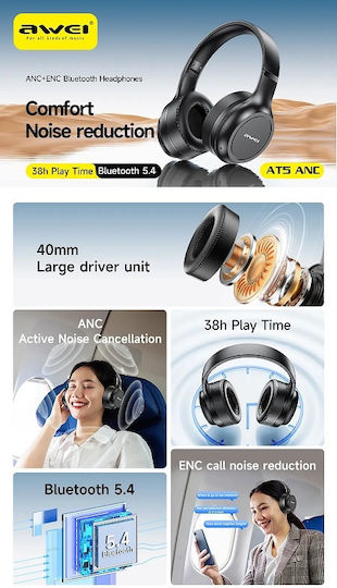 Awei 023276 Wireless / Wired Over Ear Headphones with 30 Hours Playing Time Black