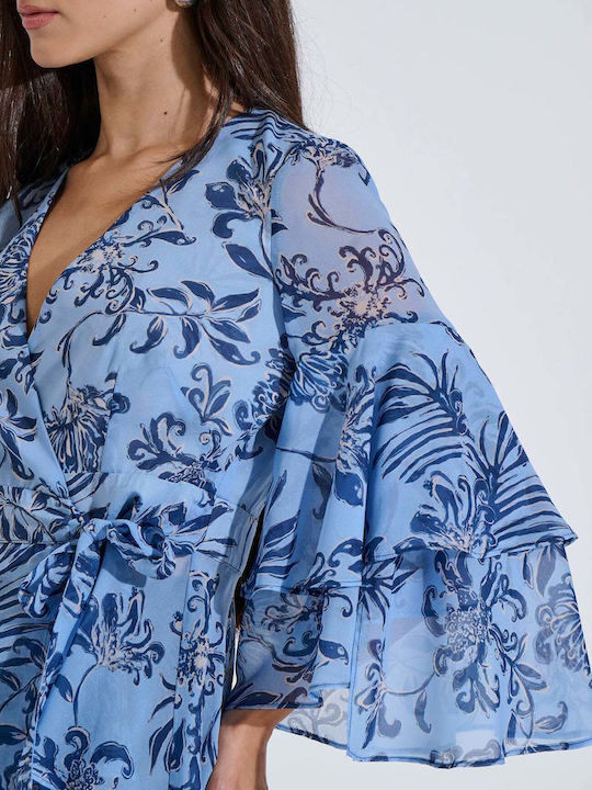 Damenbluse mit 3/4 Ärmel & V-Ausschnitt Blumen Muster Hellblau