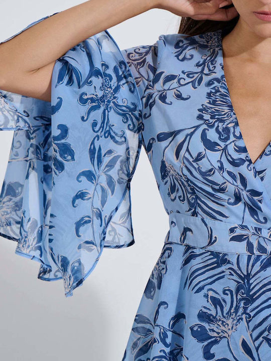 Damenbluse mit 3/4 Ärmel & V-Ausschnitt Blumen Muster Hellblau