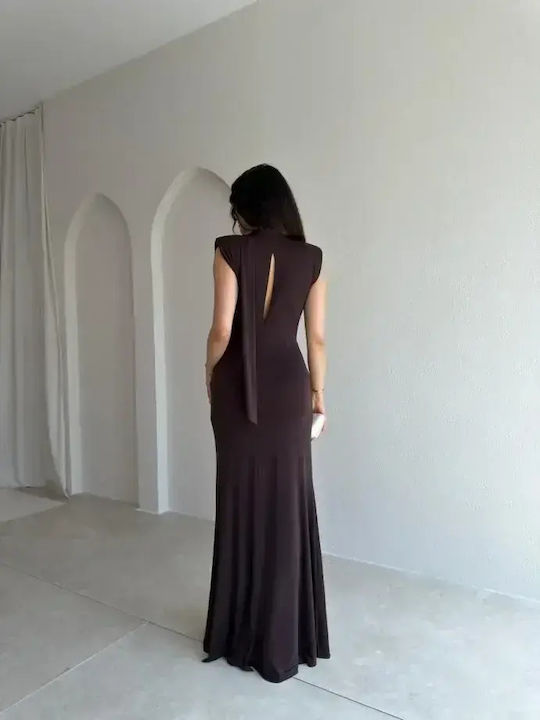 Summer Maxi Evening Shirt Dress Satin Open Back Brown