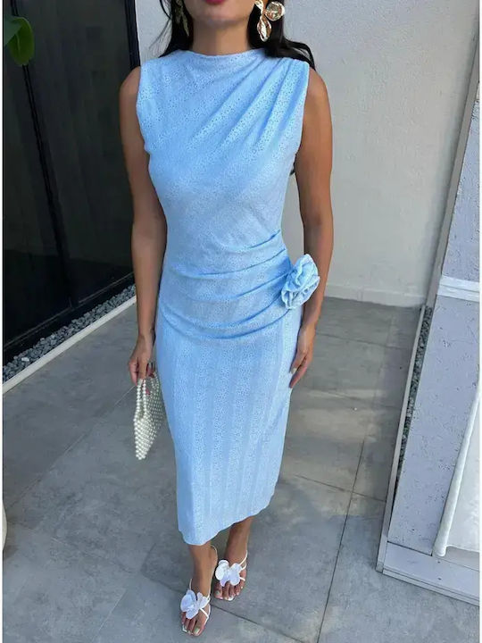Summer Midi Dress for Wedding Christening with Lace Light Blue