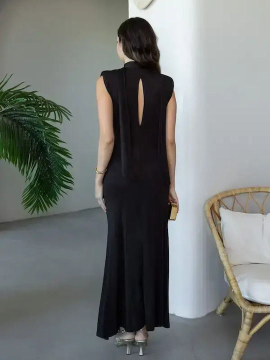 Sommer Maxi Abendkleid Satin Off-Shoulder Schwarz