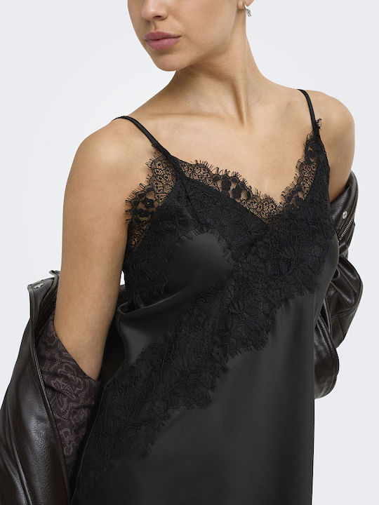 Summer Mini Evening Satin Slip Dress with Lace Black