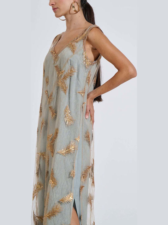 Summer Maxi Evening Slip Dress Satin with Tulle Gold
