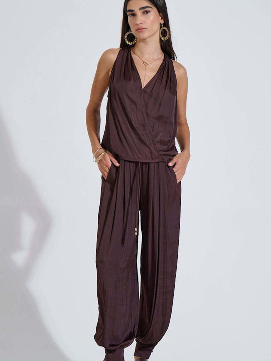 Women's Satin Trousers with Elastic in Loose Fit Brown